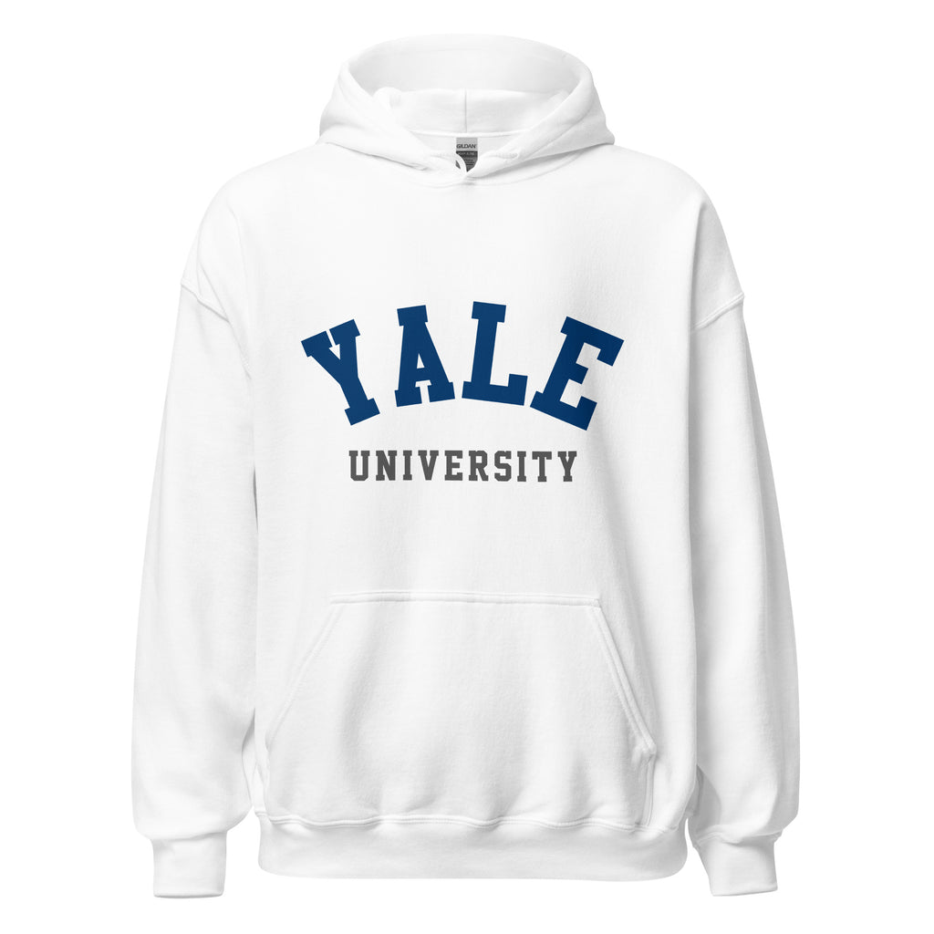 Unisex white hoodie featuring Yale University logo printed across the front chest