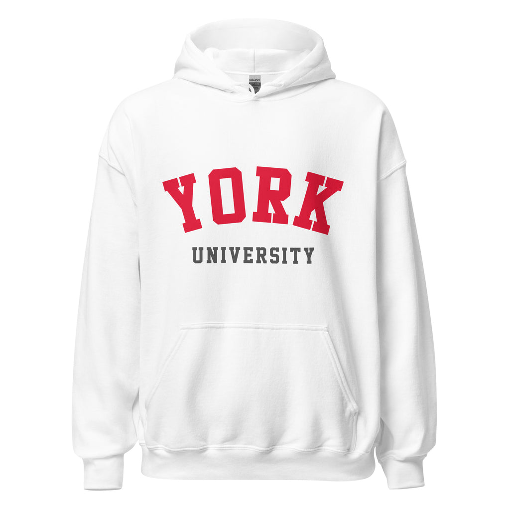 Unisex navy blue hoodie featuring York University logo printed across the front chest