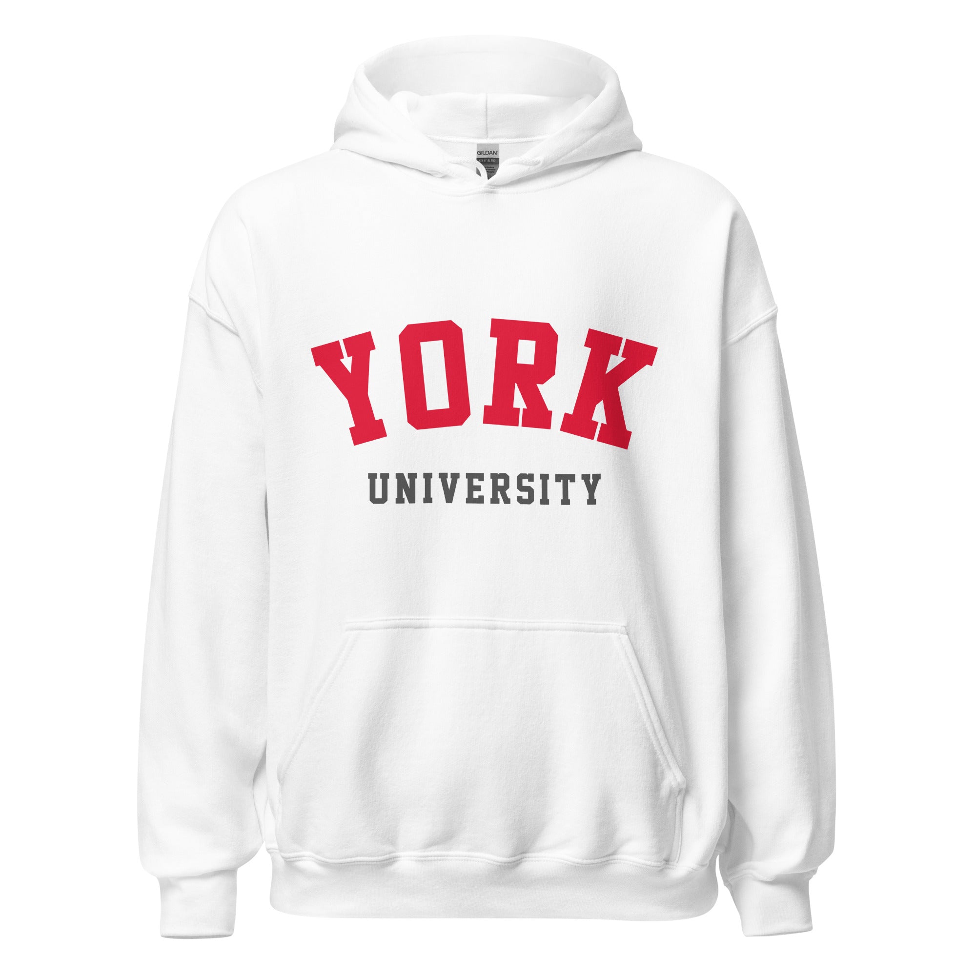 Unisex navy blue hoodie featuring York University logo printed across the front chest