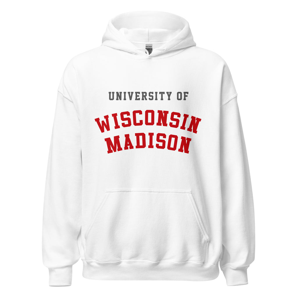Unisex navy blue hoodie featuring University of Wisconsin-Madison logo printed across the front chest
