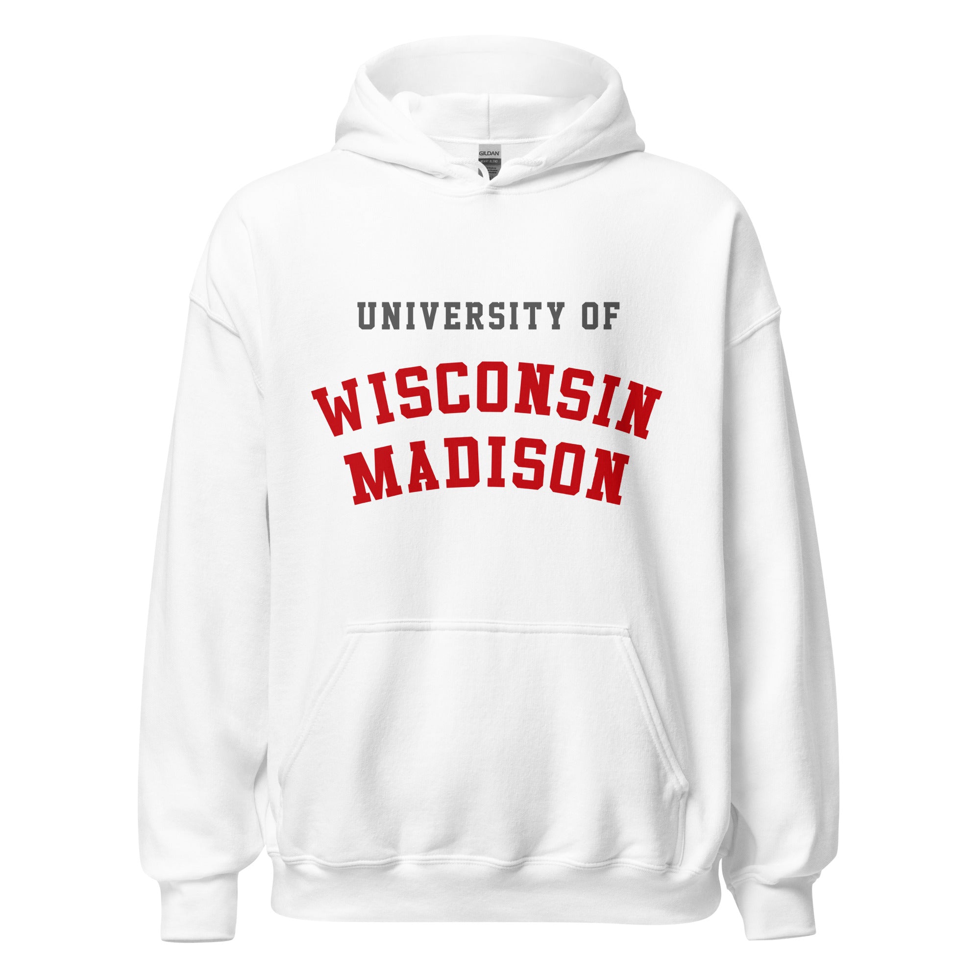Unisex navy blue hoodie featuring University of Wisconsin-Madison logo printed across the front chest