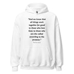 Unisex navy blue hoodie with Romans 8:28 Bible verse printed in black text on front