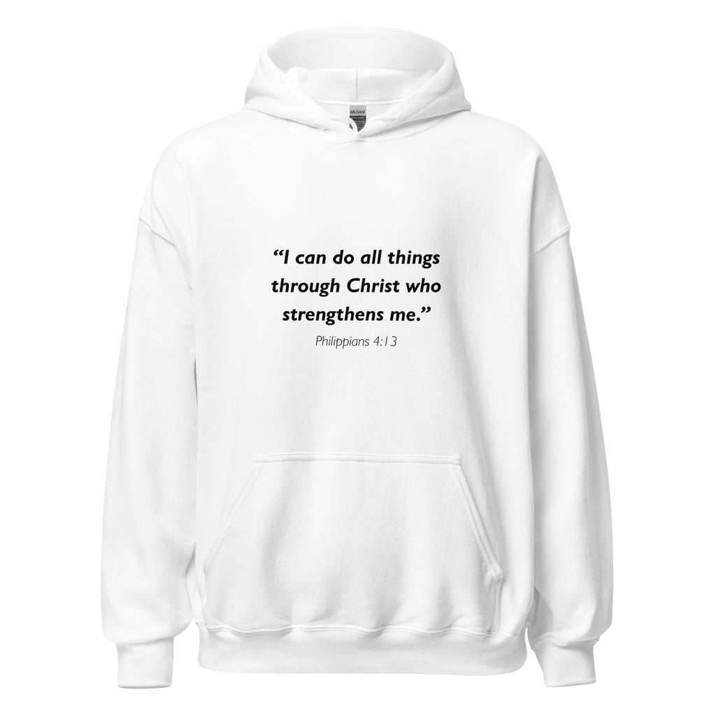 Unisex navy blue hoodie with Philippians 4:13 Bible verse printed in black text on front
