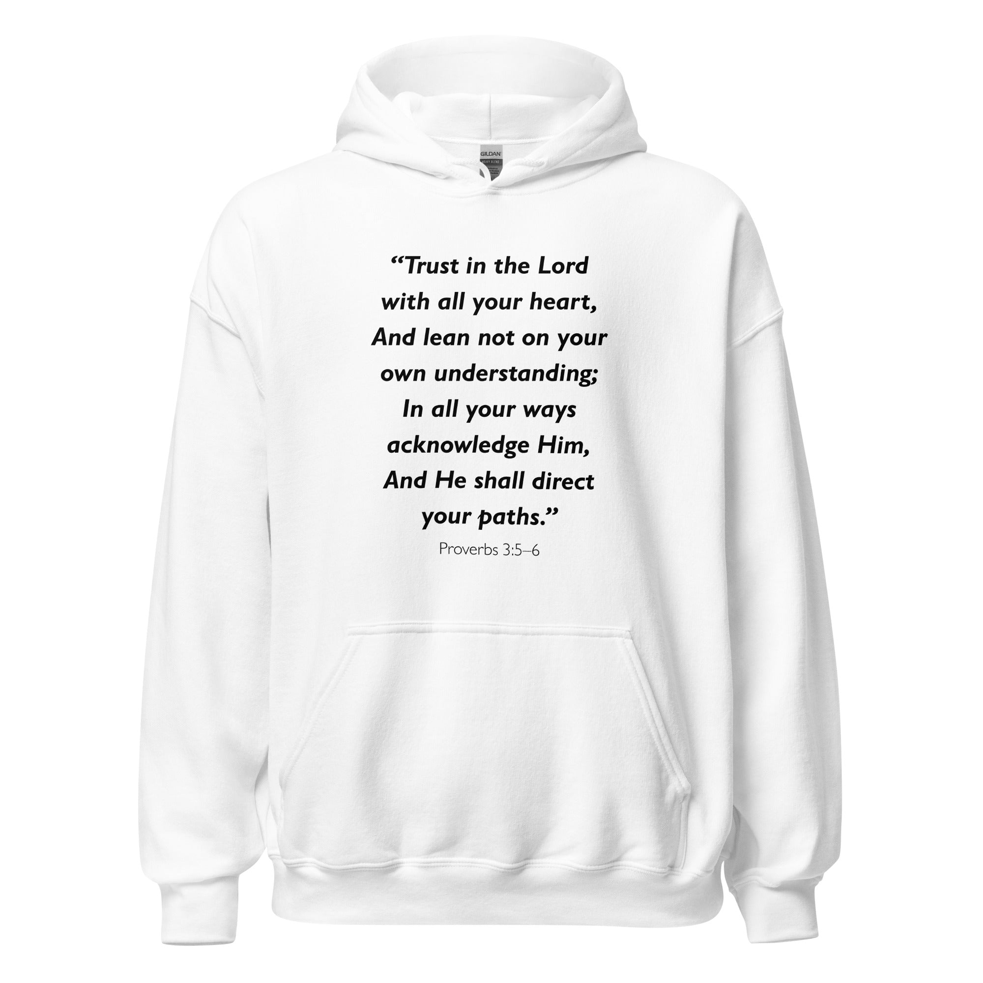 Unisex navy blue hoodie with Proverbs 3:5-6 Bible verse printed in black text on front