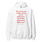 Unisex black hoodie with Matthew 6:33 Bible verse printed in red text on front