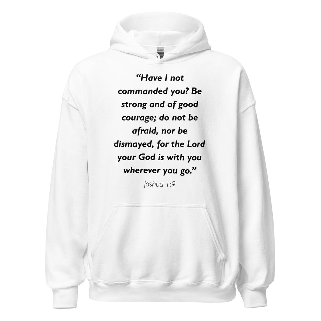 Unisex navy blue hoodie with Joshua 1:9 Bible verse printed in black text on front