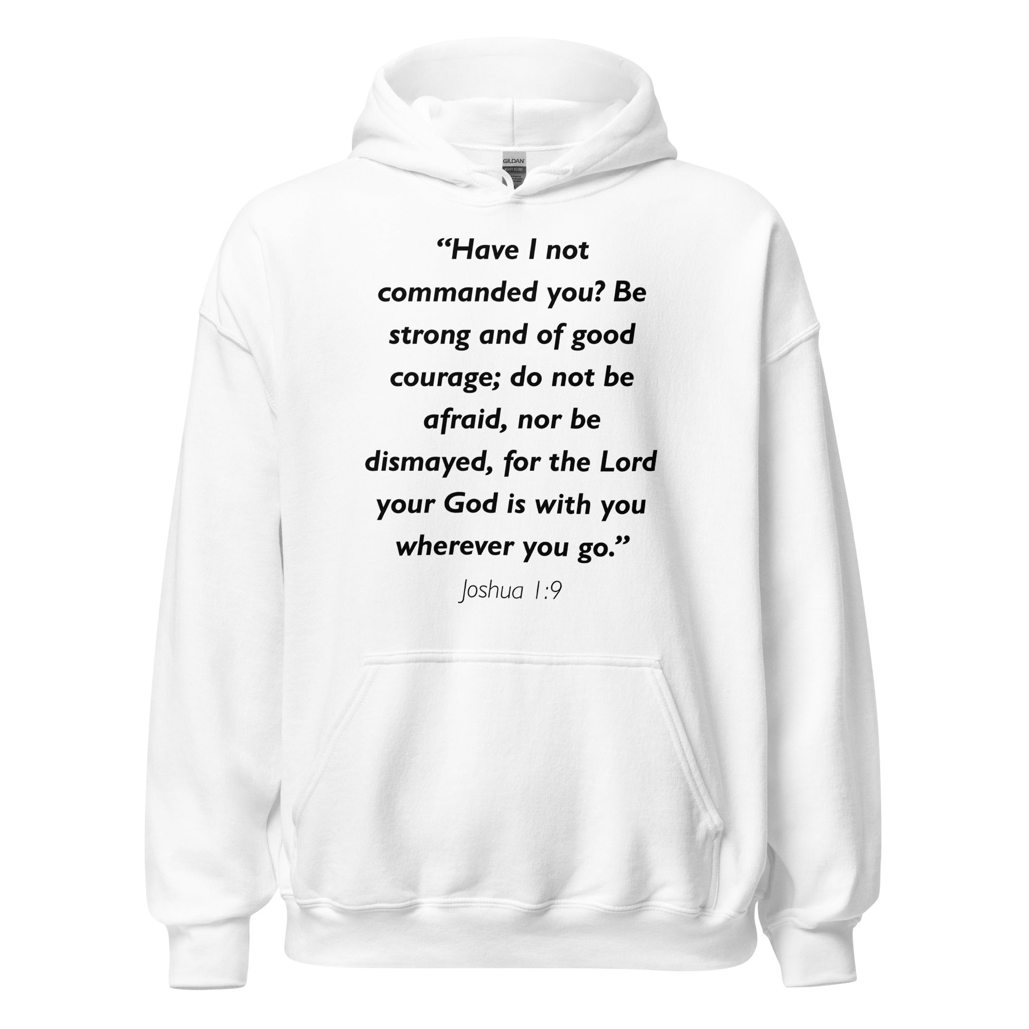 Unisex navy blue hoodie with Joshua 1:9 Bible verse printed in black text on front