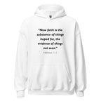 Unisex black hoodie with Hebrews 11:1 Bible verse printed in black text on front