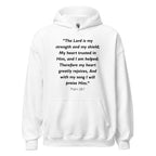 Unisex black hoodie with Psalm 28:7 Bible verse printed in black text on front