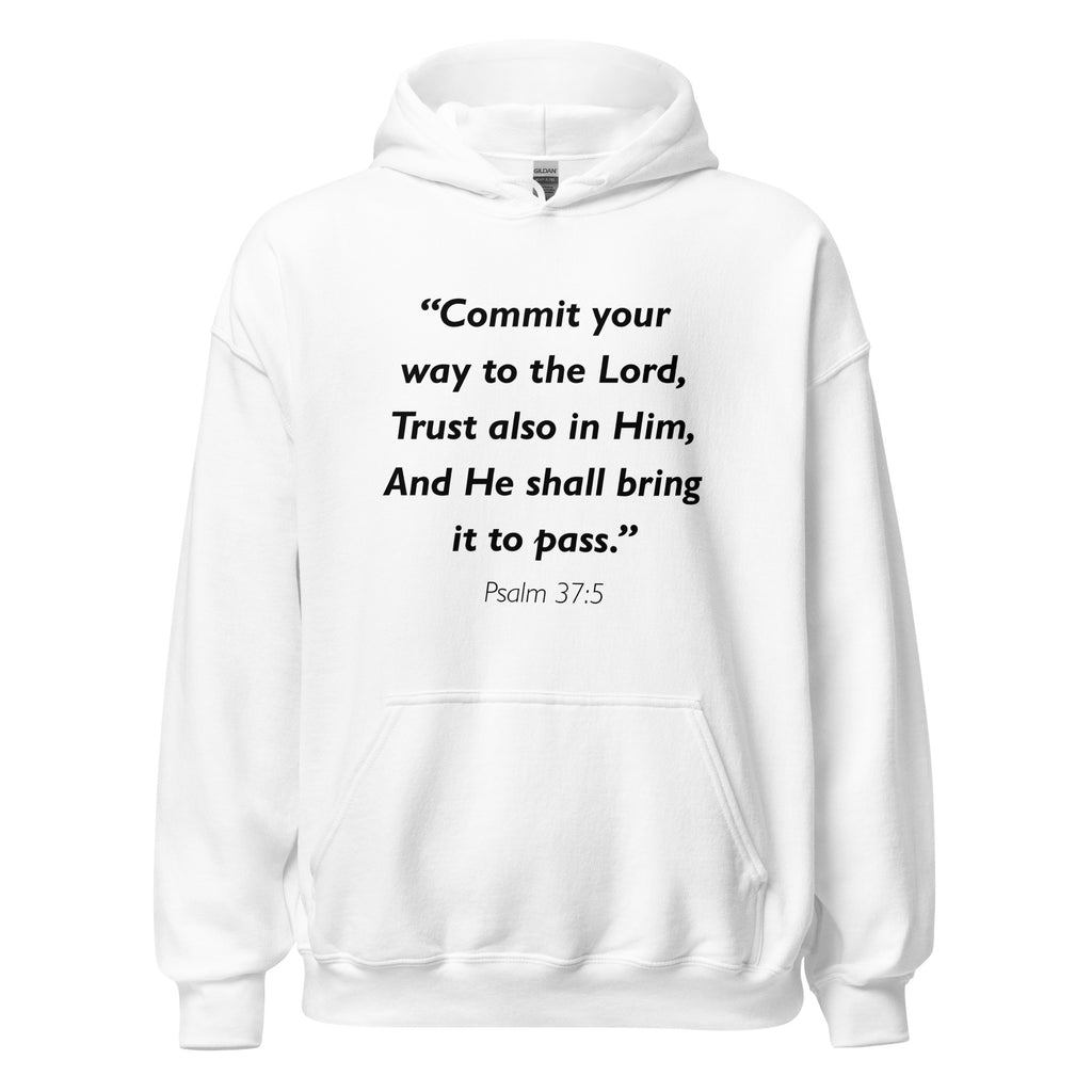 Unisex black hoodie with Psalm 37:5 Bible verse printed in black text on front