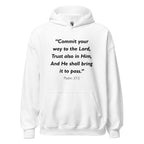 Unisex black hoodie with Psalm 37:5 Bible verse printed in black text on front