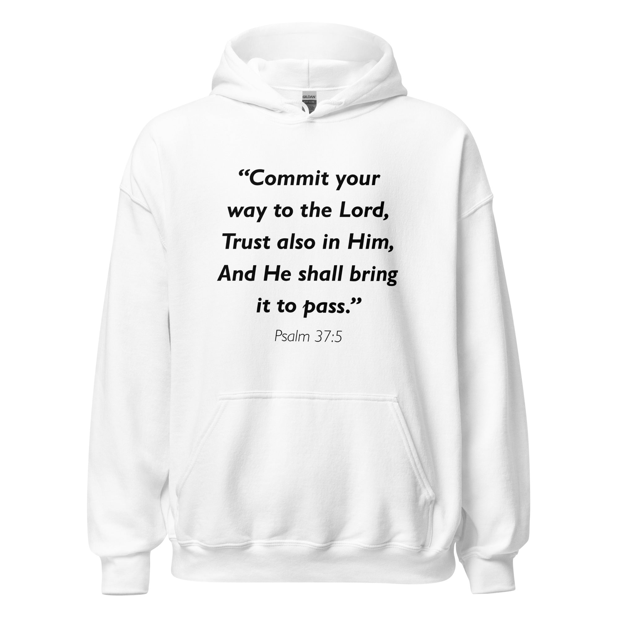 Unisex black hoodie with Psalm 37:5 Bible verse printed in black text on front