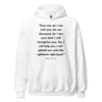 Unisex black hoodie with Isaiah 41:10 Bible verse printed in black text on front