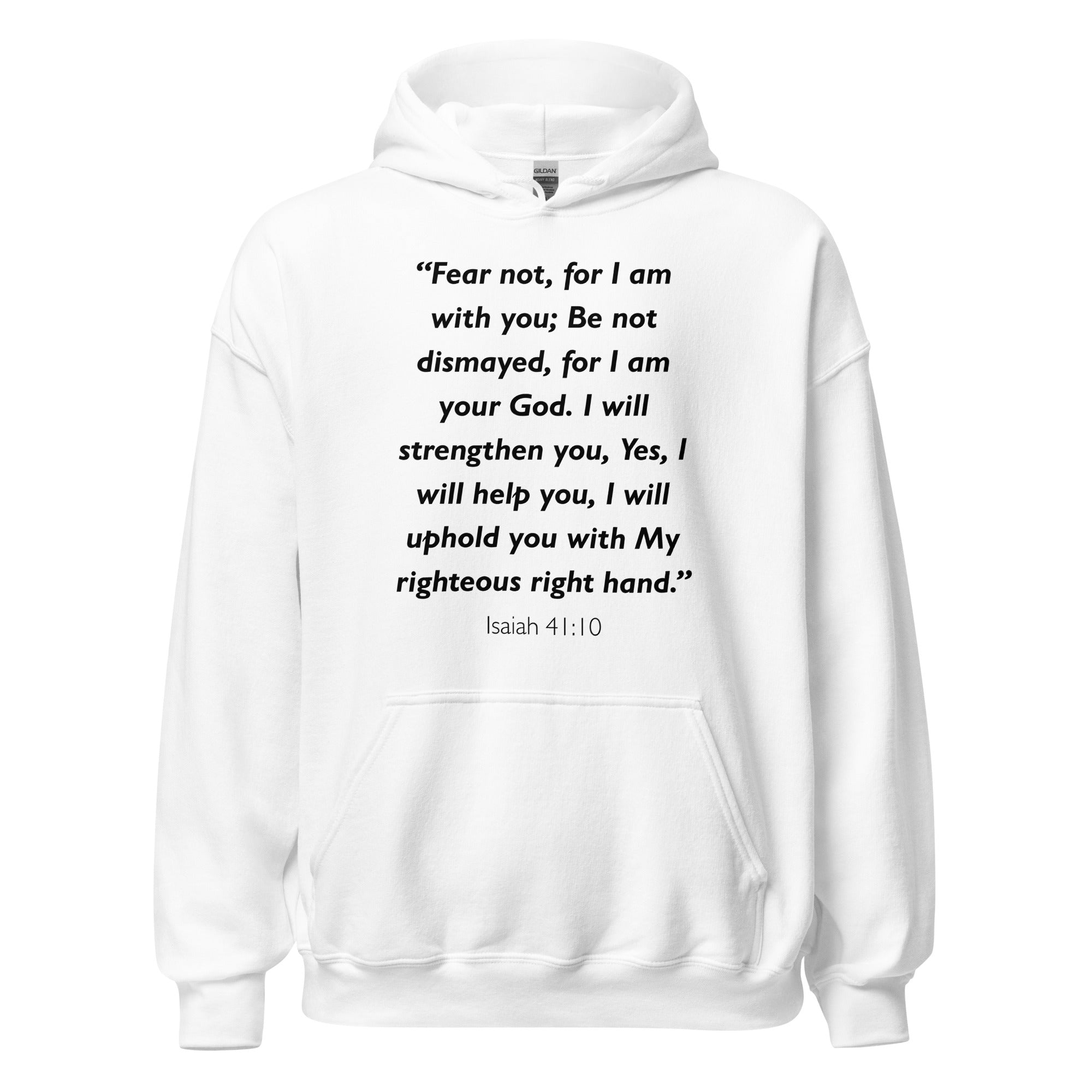 Unisex black hoodie with Isaiah 41:10 Bible verse printed in black text on front