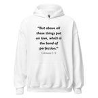 Unisex navy blue hoodie with Colossians 3:14 Bible verse printed in black text on front
