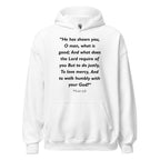 Unisex navy blue hoodie with Micah 6:8 Bible verse printed in black text on front