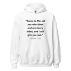 Unisex black hoodie with Matthew 11:28 Bible verse printed in black text on front