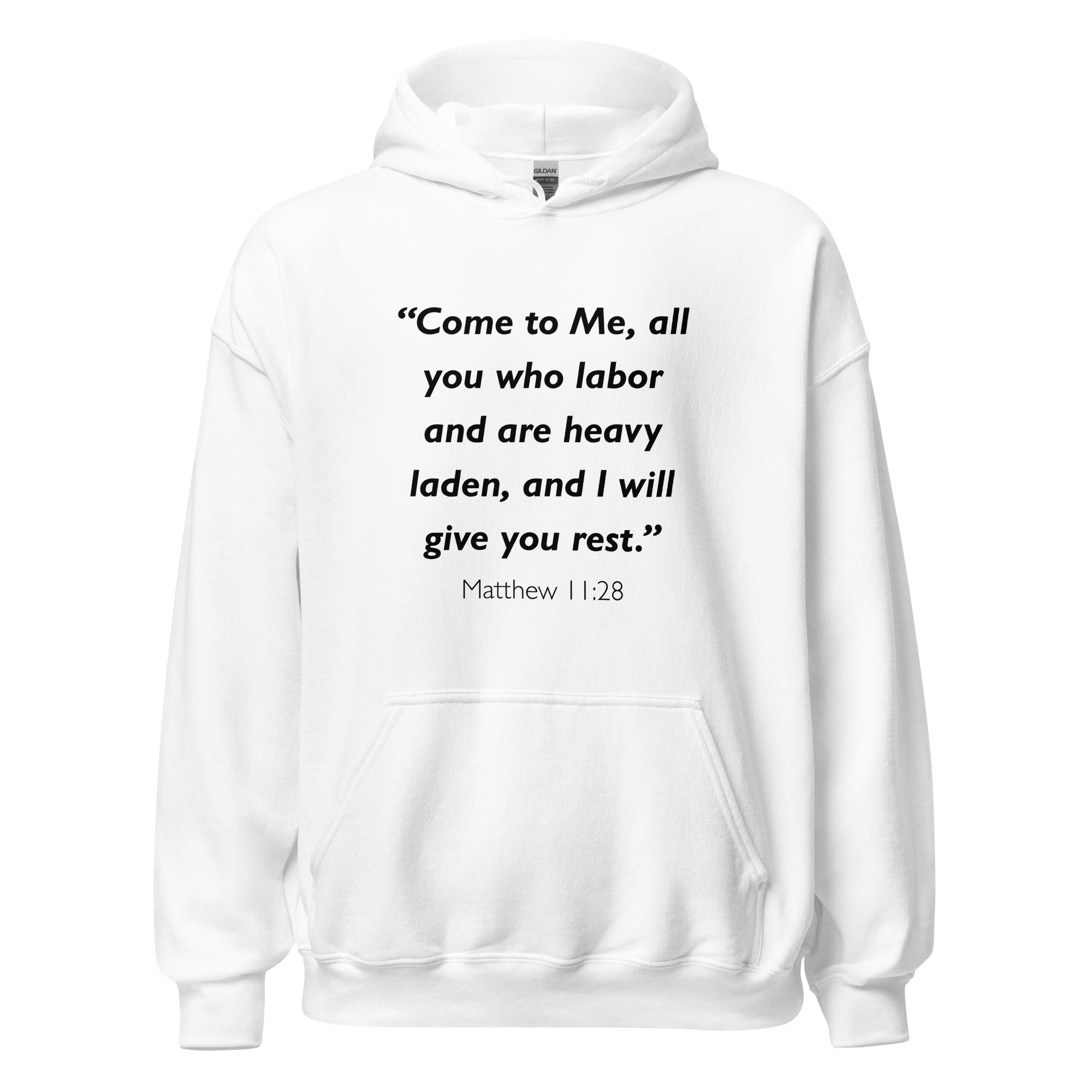 Unisex black hoodie with Matthew 11:28 Bible verse printed in black text on front