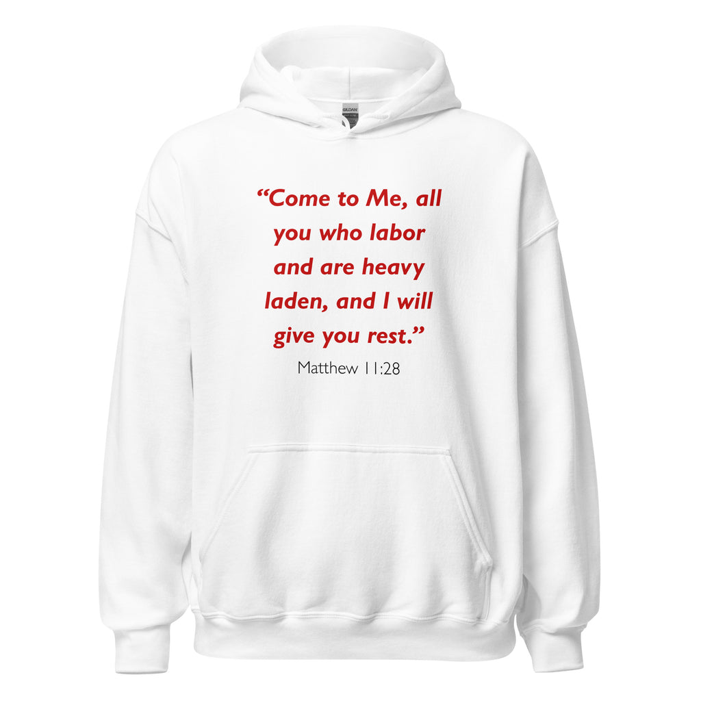Unisex navy blue hoodie with Matthew 11:28 Bible verse printed in red text on front