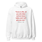 Unisex navy blue hoodie with Matthew 11:28 Bible verse printed in red text on front