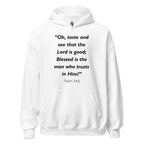 Unisex black hoodie with Psalm 34:8 Bible verse printed in black text on front