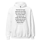 Unisex black hoodie with Revelation 21:4 Bible verse printed in black text on front