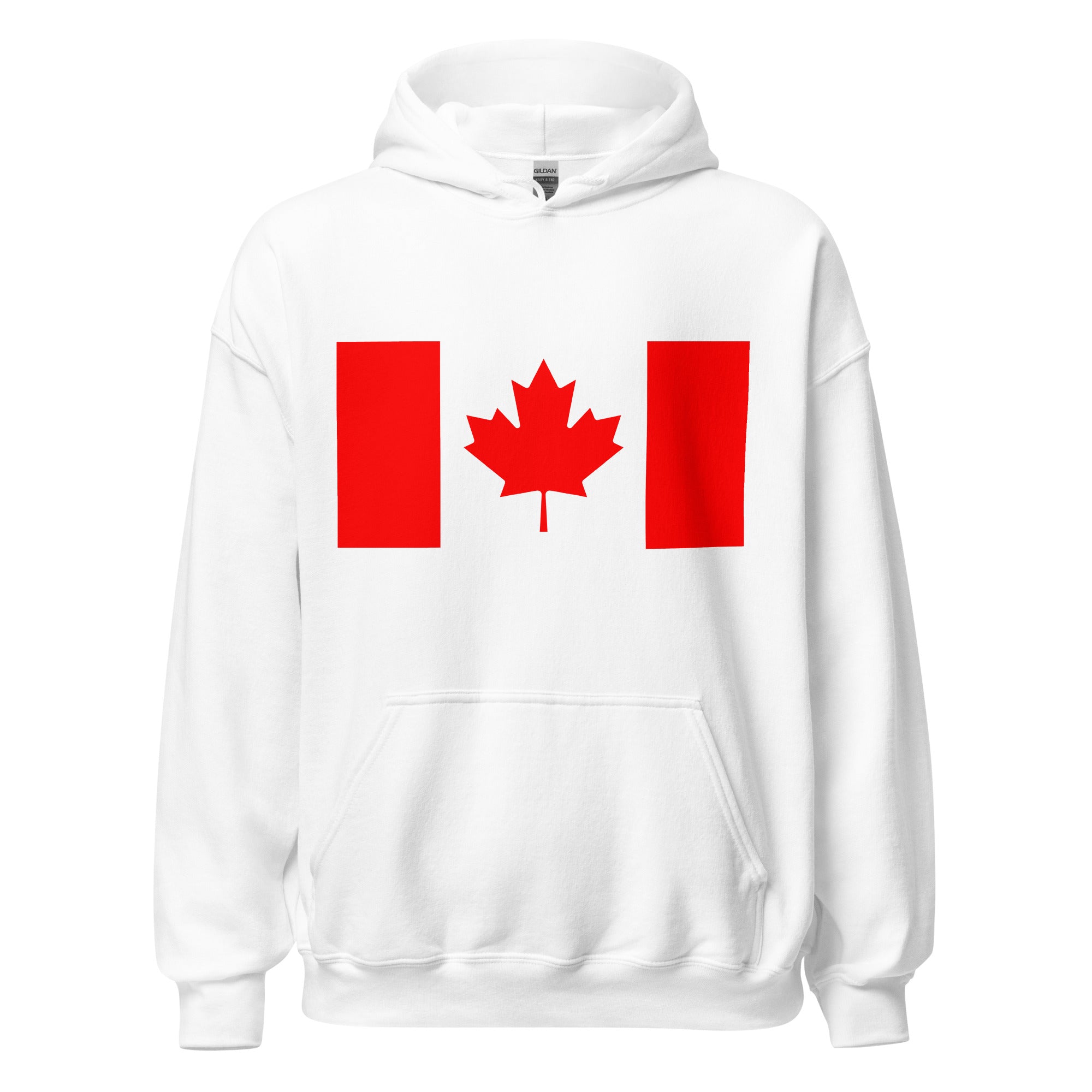 Unisex white hoodie featuring Canadian flag design printed across the front chest