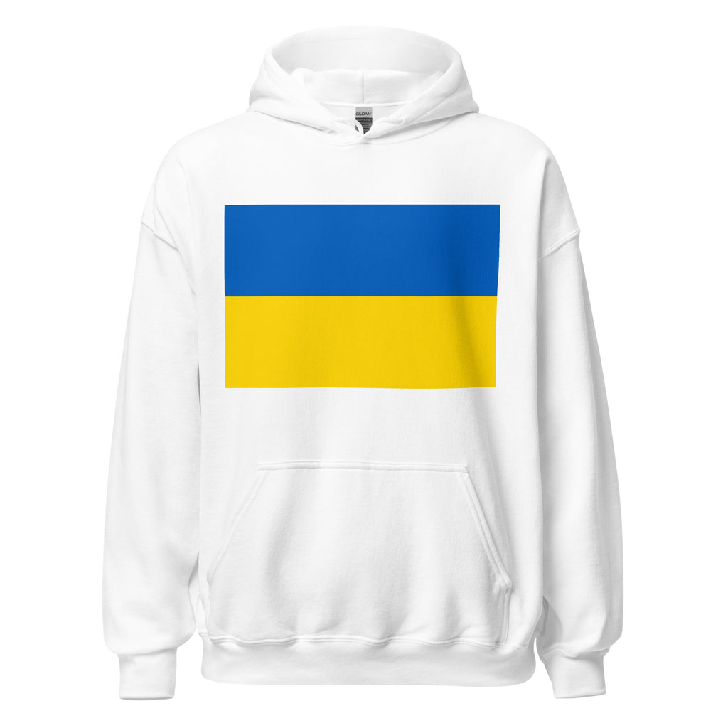 Unisex navy blue hoodie featuring Ukrainian flag design printed across the front chest