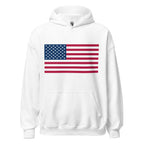 Unisex royal blue hoodie featuring American flag design printed across the front chest