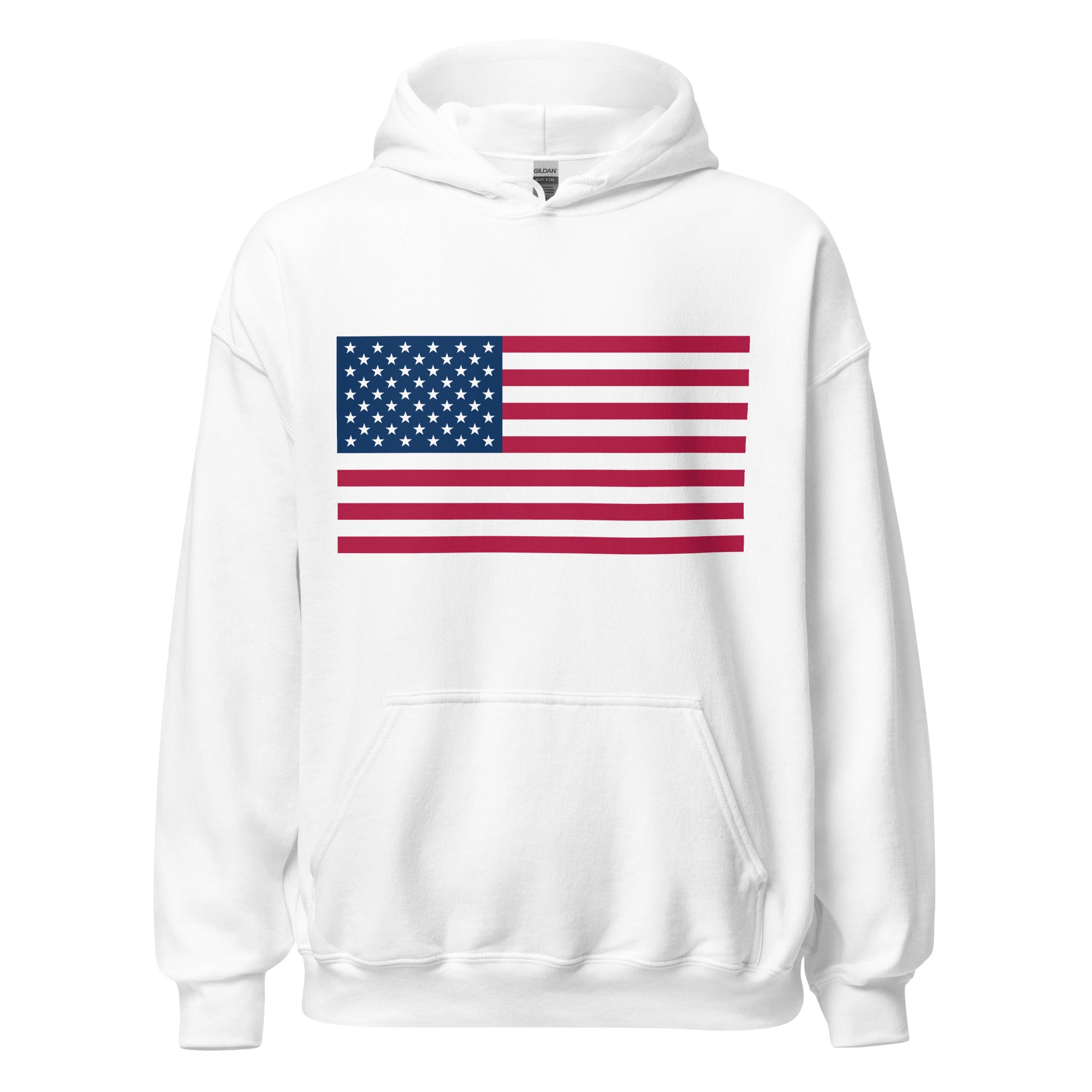 Unisex royal blue hoodie featuring American flag design printed across the front chest