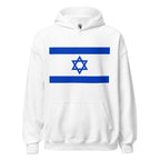Unisex navy blue hoodie featuring Israeli flag design printed across the front chest