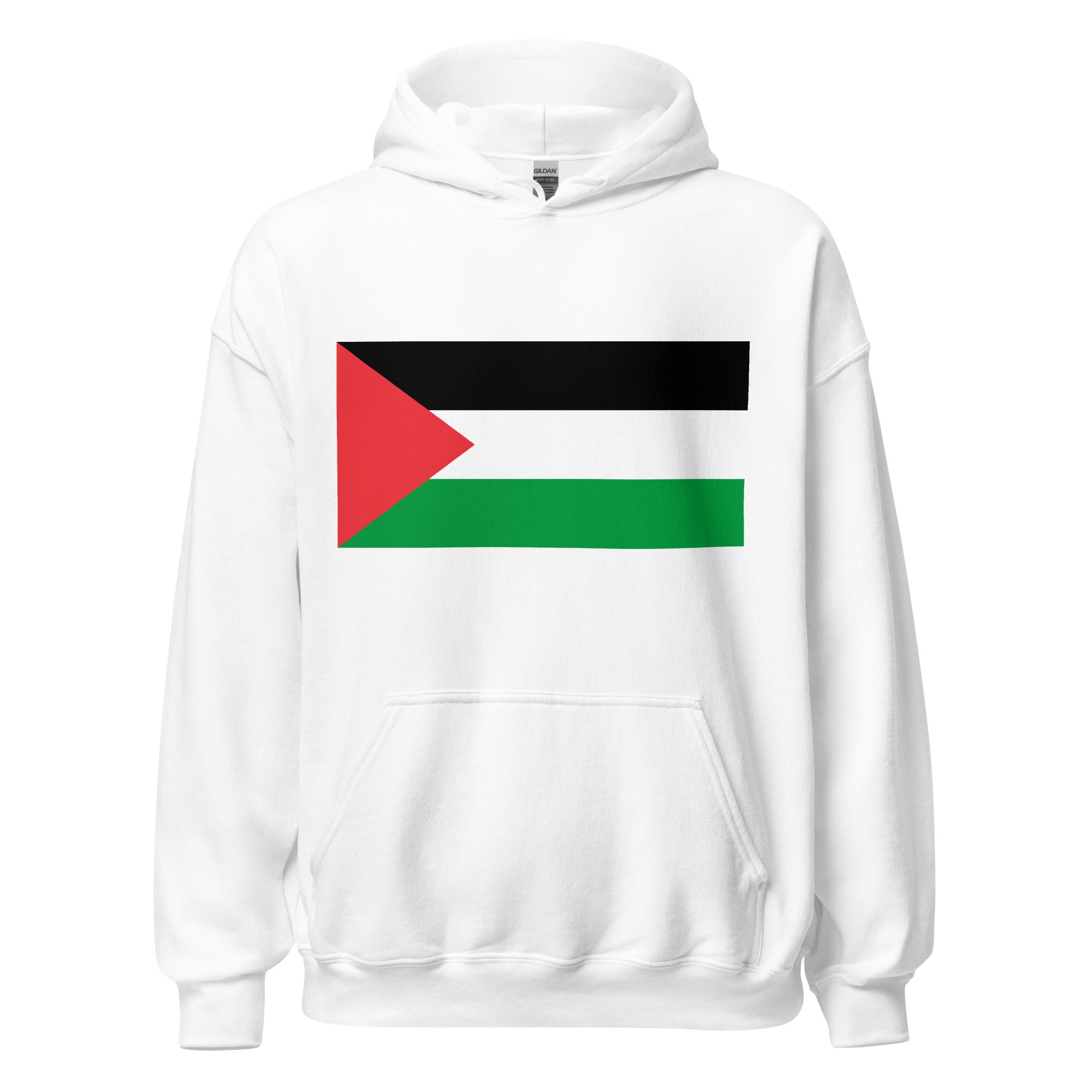 Unisex navy blue hoodie featuring Palestinian flag design printed across the front chest