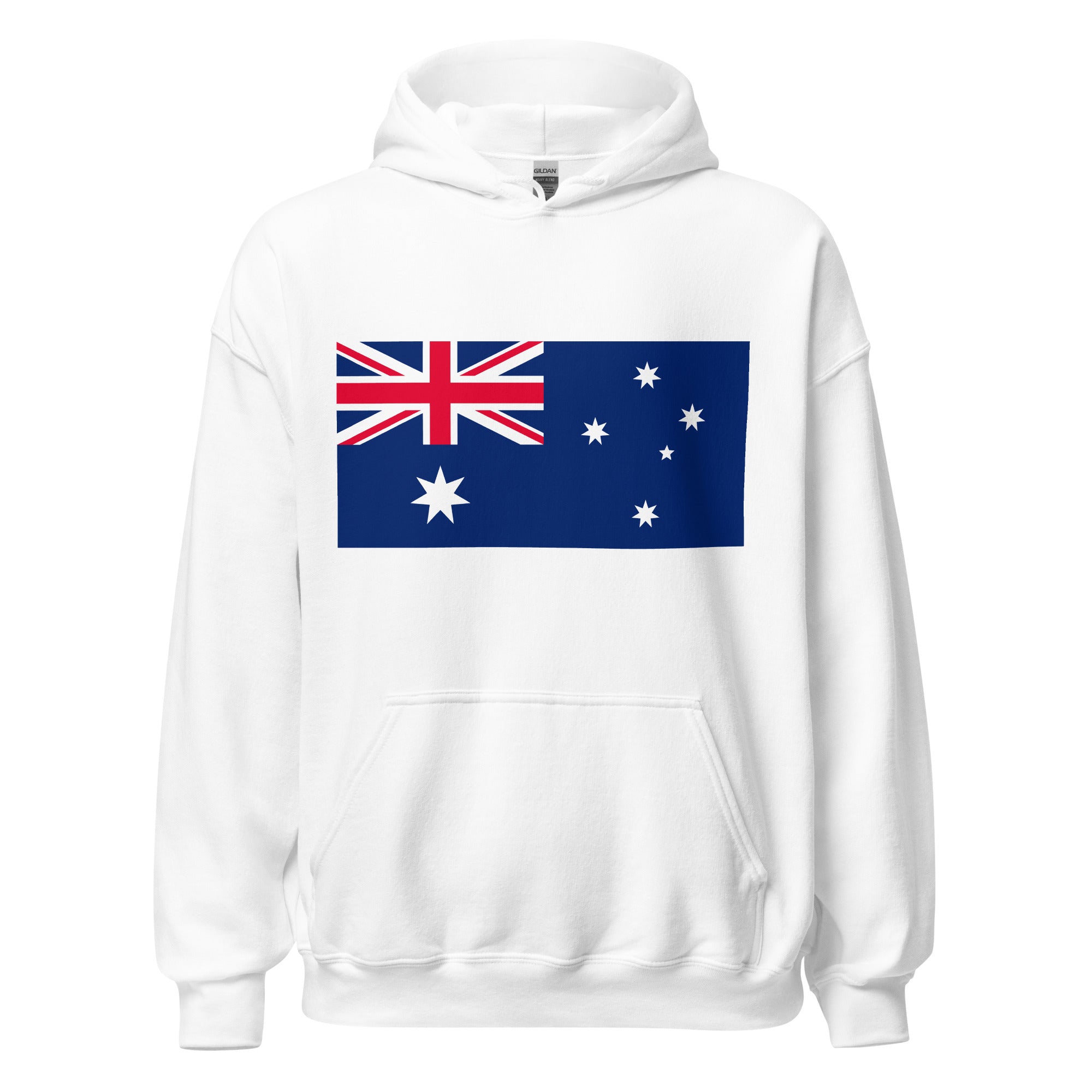 Unisex navy blue hoodie featuring Australian flag design printed across the front chest