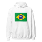 Unisex navy blue hoodie featuring Brazilian flag design printed across the front chest