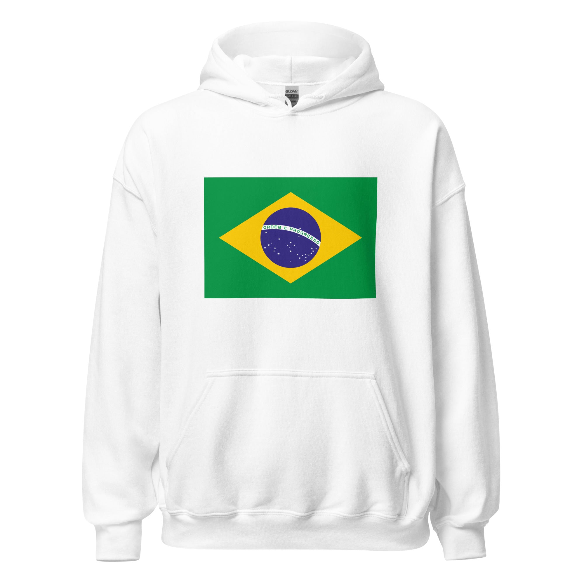 Unisex navy blue hoodie featuring Brazilian flag design printed across the front chest