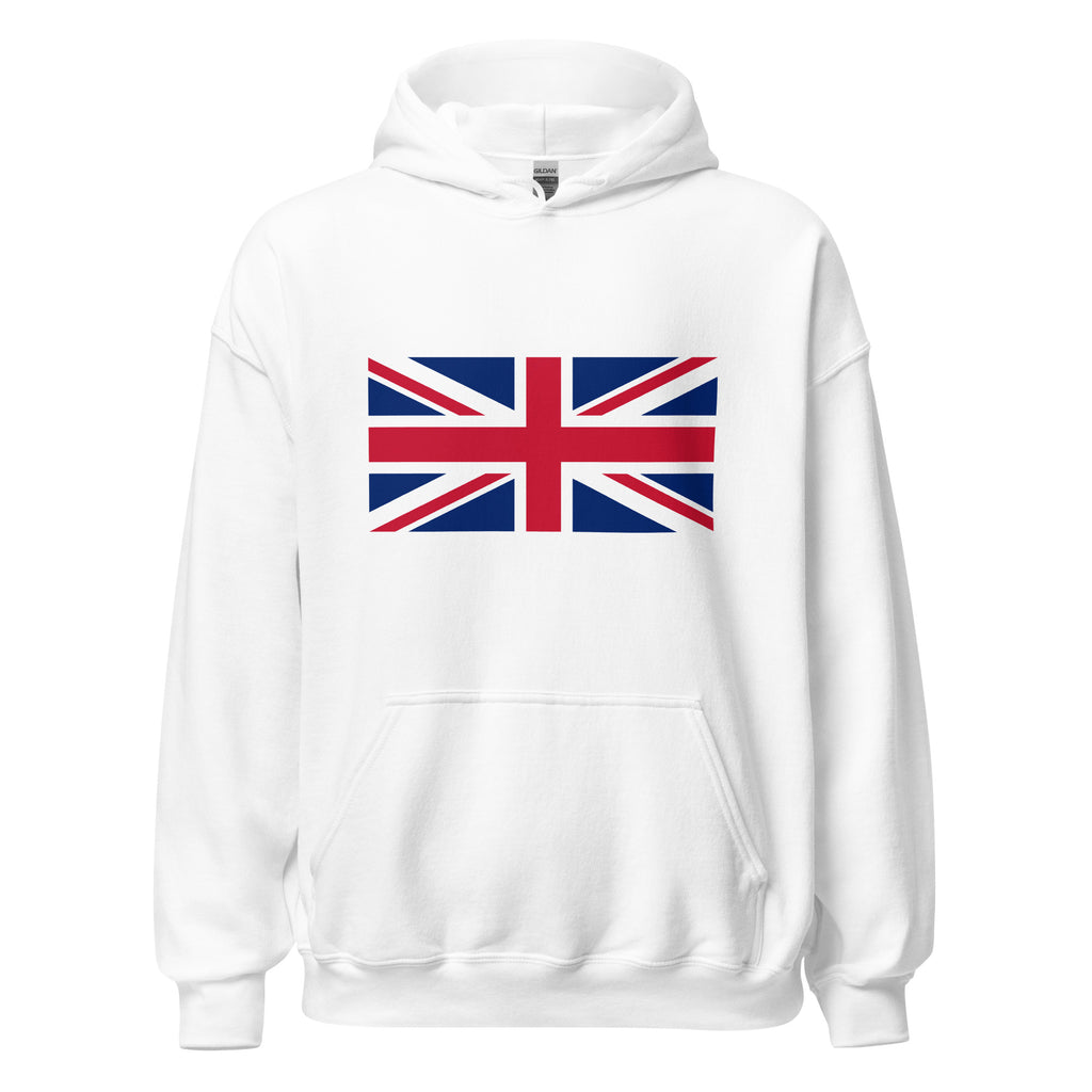 Unisex navy blue hoodie featuring British flag design printed across the front chest
