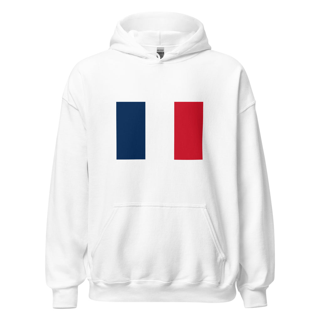 Unisex navy blue hoodie featuring French flag design printed across the front chest