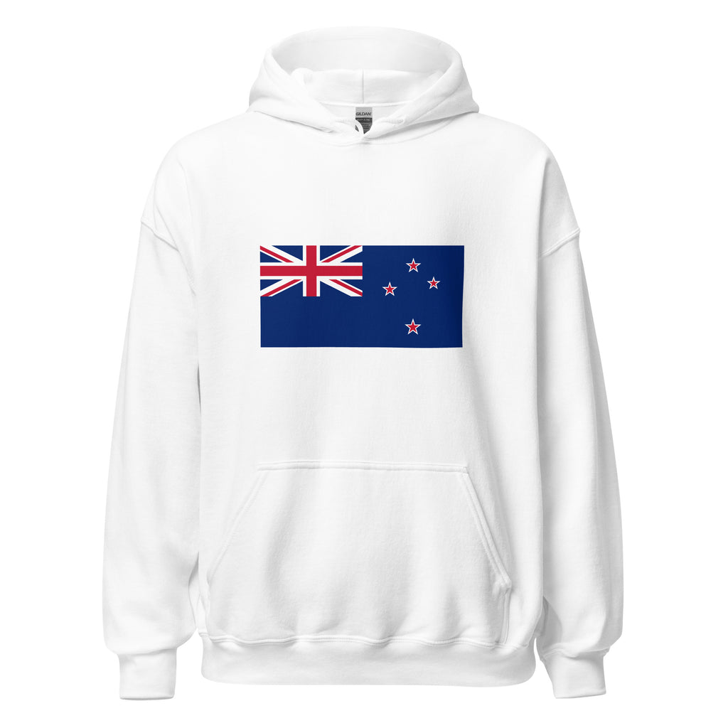 Unisex navy blue hoodie featuring New Zealand flag design printed across the front chest