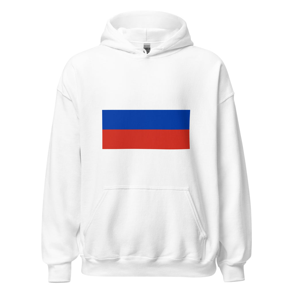 Unisex navy blue hoodie featuring Russian flag design printed across the front chest