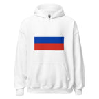 Unisex navy blue hoodie featuring Russian flag design printed across the front chest