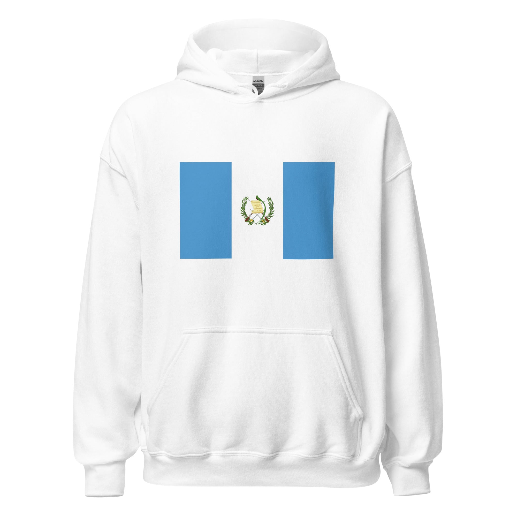 Unisex heather gray hoodie featuring Guatemalan flag design printed across the front chest