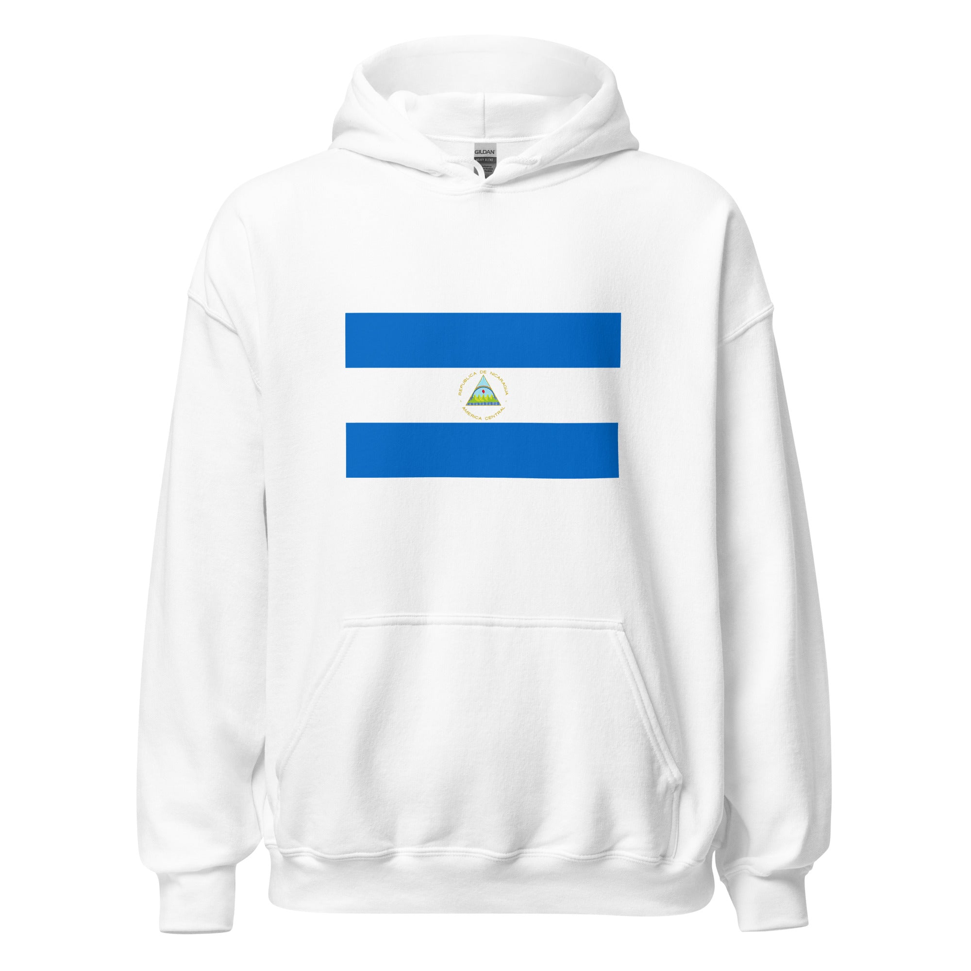 Unisex navy blue hoodie featuring Nicaraguan flag design printed across the front chest