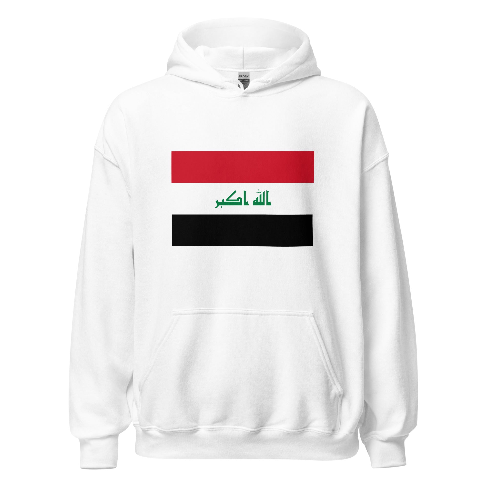 Unisex navy blue hoodie featuring Iraqi flag design printed across the front chest