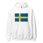 Unisex navy blue hoodie featuring Swedish flag design printed across the front chest