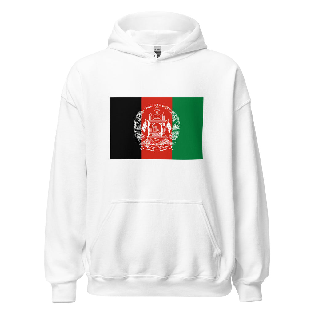 Unisex navy blue hoodie featuring Afghan flag design printed across the front chest