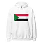 Unisex navy blue hoodie featuring Sudanese flag design printed across the front chest