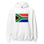 Unisex black hoodie featuring South African flag design printed across the front chest