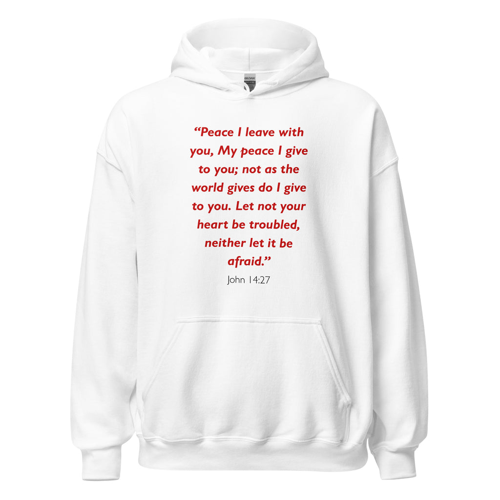 Unisex navy blue hoodie with John 14:27 Bible verse printed in red text on front