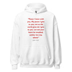 Unisex navy blue hoodie with John 14:27 Bible verse printed in red text on front