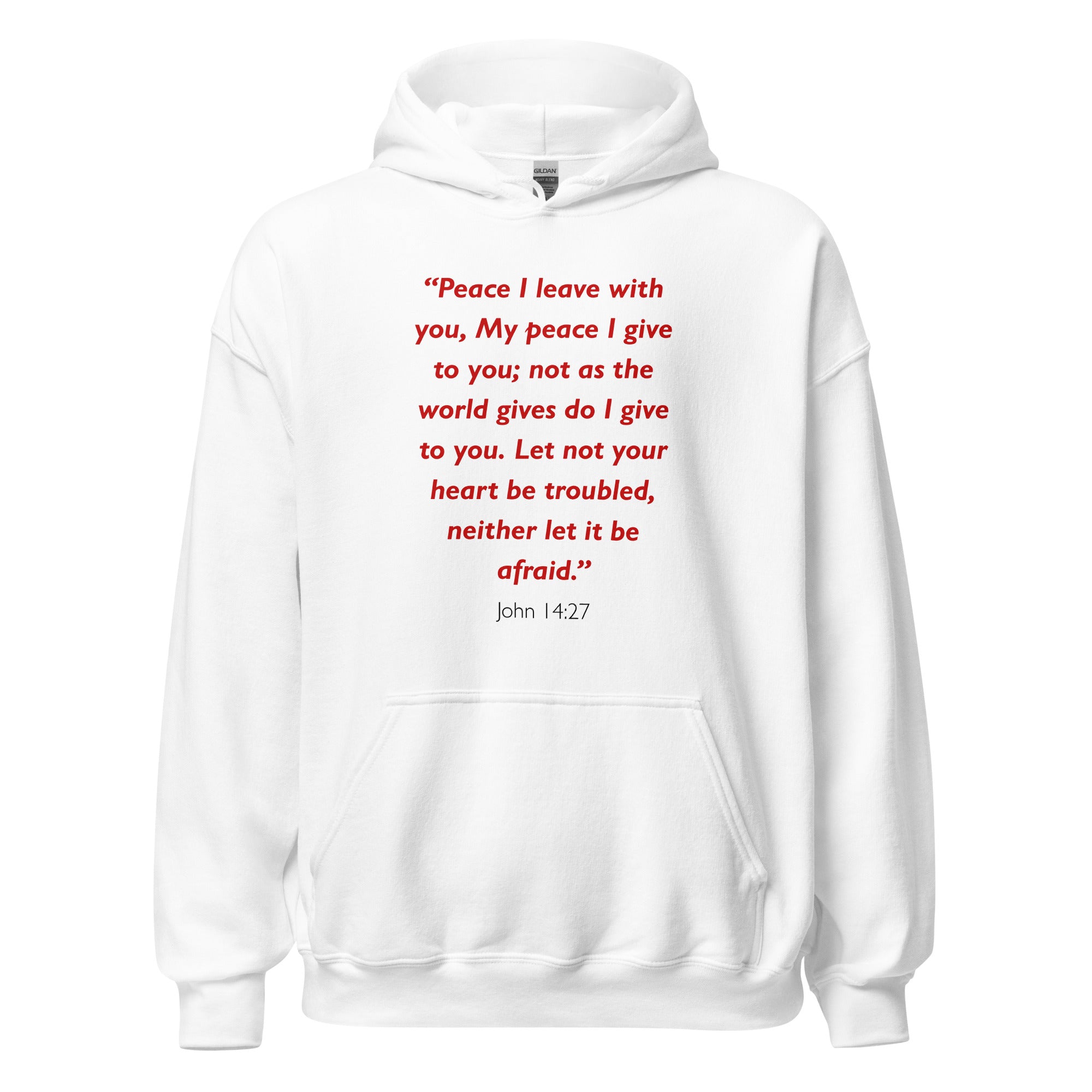 Unisex navy blue hoodie with John 14:27 Bible verse printed in red text on front